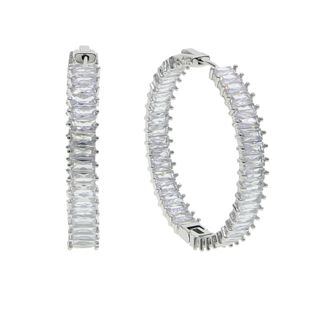 Full Band Paved Rectangle Cubic Zirconia 50MM Big Iced Out Bling Women CZ Hoop Earring