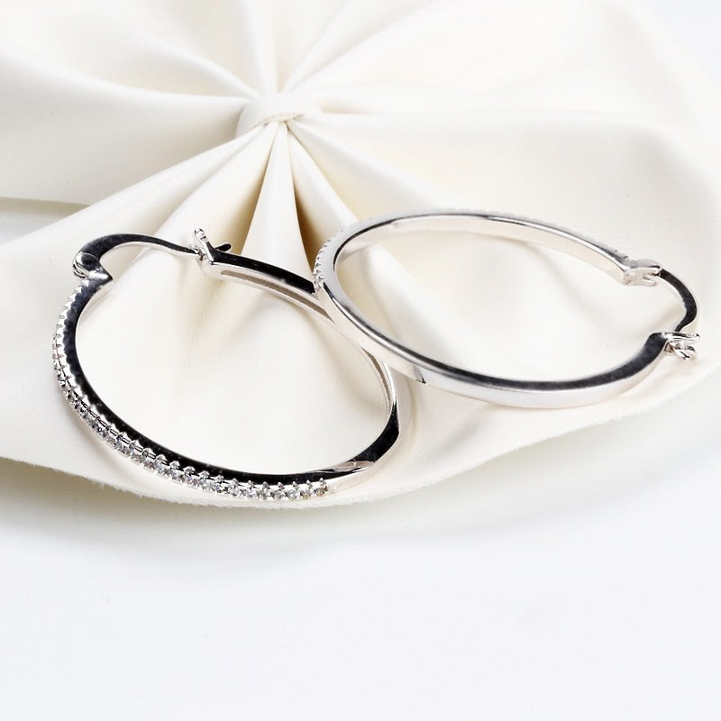 925 Sterling Silver Big Circle Inlaid Zircon Earrings For Women,S925 Argent Women's Shiny Model Earring 17mm-40mm 5 Size