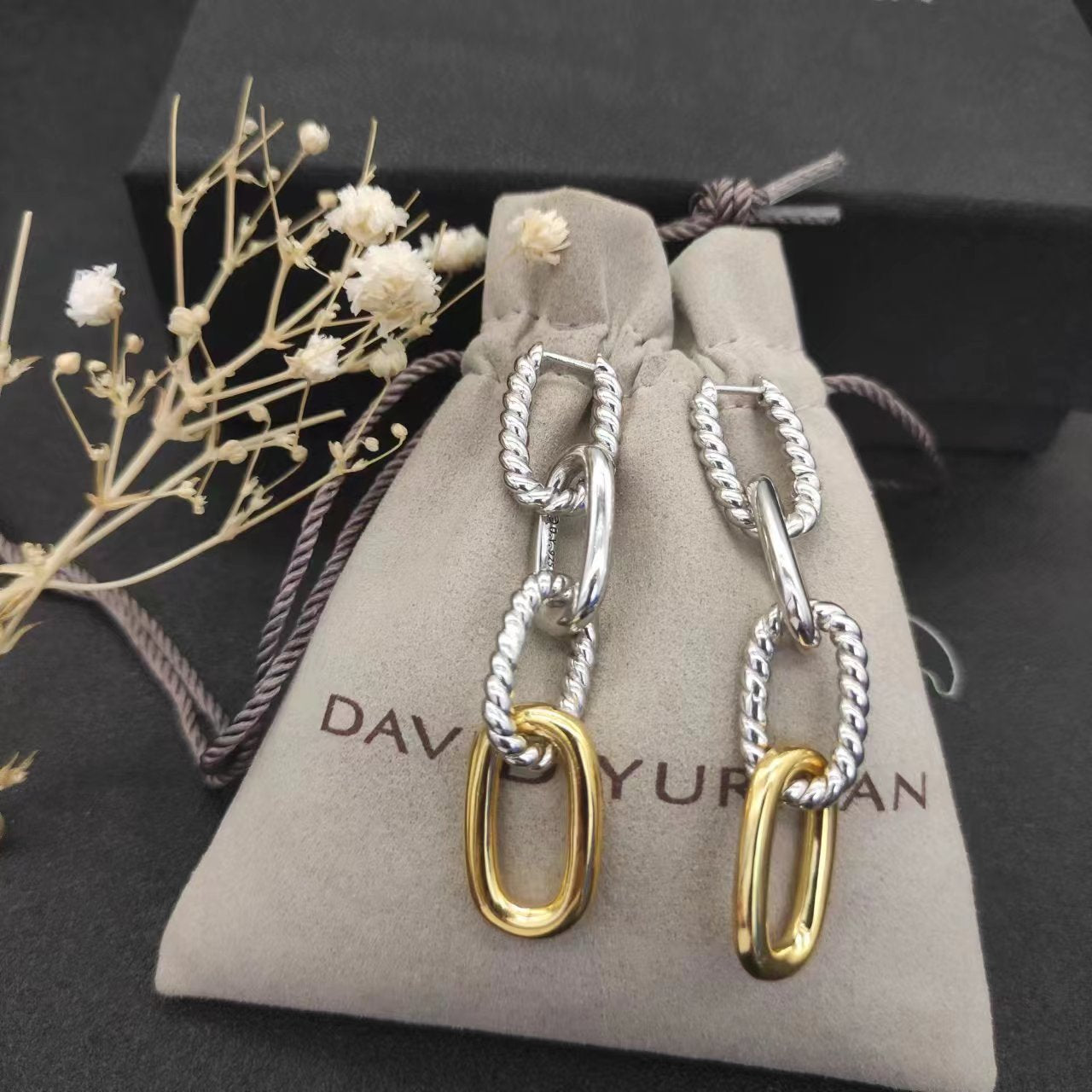 David Yurman Gold Hook Twisted Wire Buckle Earrings in Sterling Silver With 14K Yellow Plated