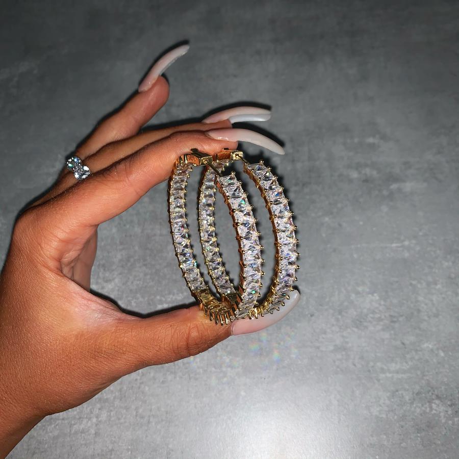 Full Band Paved Rectangle Cubic Zirconia 50MM Big Iced Out Bling Women CZ Hoop Earring