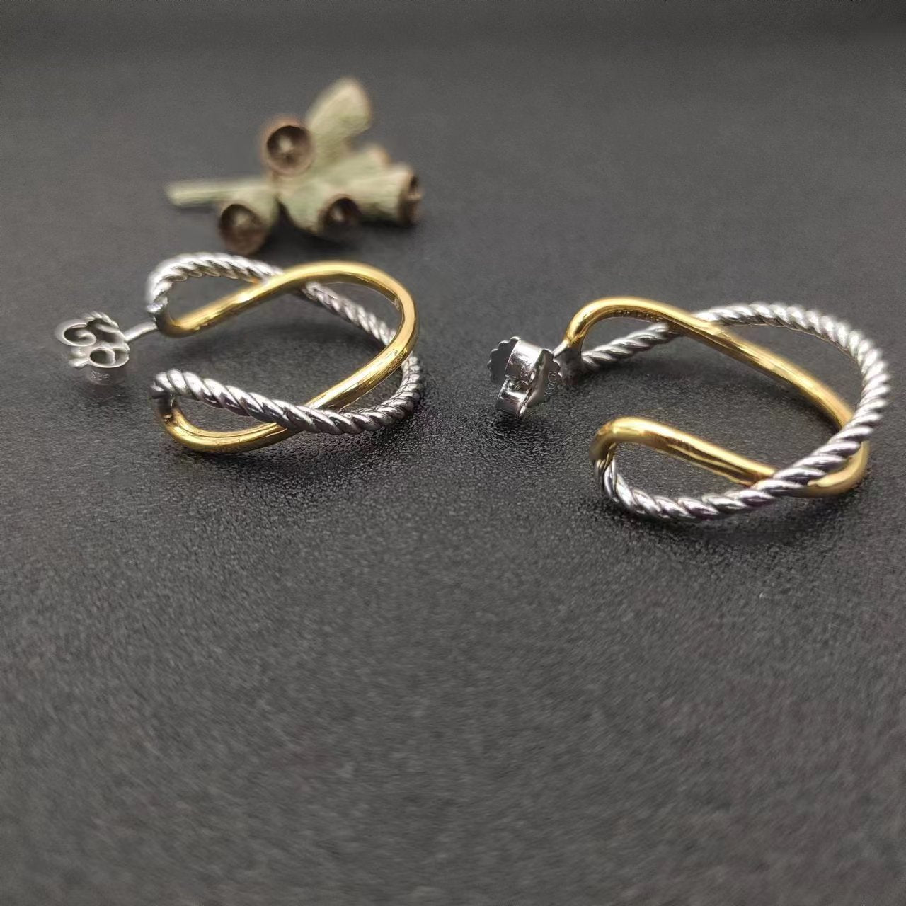 David Yurman Gold Hook Twisted Wire Buckle Earrings in Sterling Silver With 14K Yellow Plated