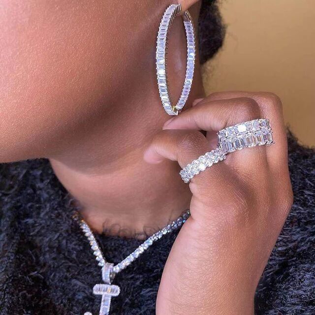 Full Band Paved Rectangle Cubic Zirconia 50MM Big Iced Out Bling Women CZ Hoop Earring