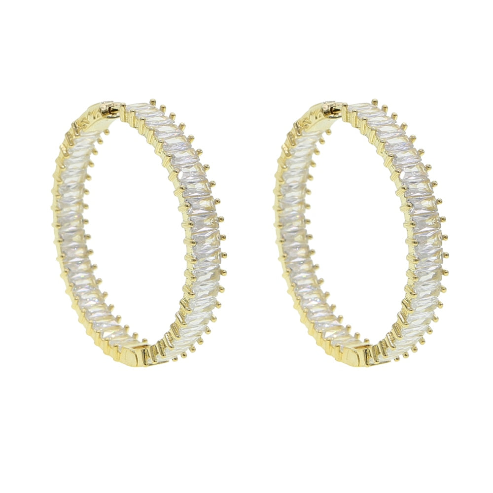 Full Band Paved Rectangle Cubic Zirconia 50MM Big Iced Out Bling Women CZ Hoop Earring