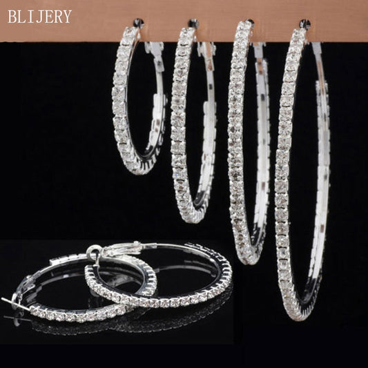 BLIJERY Fashion Full Rhinestone Circle Earrings Classic Big Circle Earrings Gold/Silver Color Crystal Hoop Earrings For Women